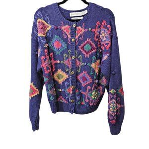 Robert Scott Ltd Vintage Hand Knit Patterned Cardigan Oversized Purple Sweater